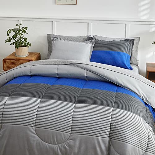 Flysheep Ombre Boho Striped Bed in a Bag 6 Pieces Twin Size, Blue and Grey Stripes Comforter Sheet Set (1 Comforter, 1 Flat Sheet, 1 Fitted Sheet, 2 Pillow Shams, 1 Pillowcase)