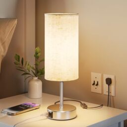 UPXNBOR Bedside Lamps, Table Lamp for Bedroom/Living Room/Study Room/Office with USB A+C Charging Ports, Reading Light, Desk Lamp, 1.5m Cable, Linen Fabric Shade, Silver Metal Base (E27 Bulb Incl.)