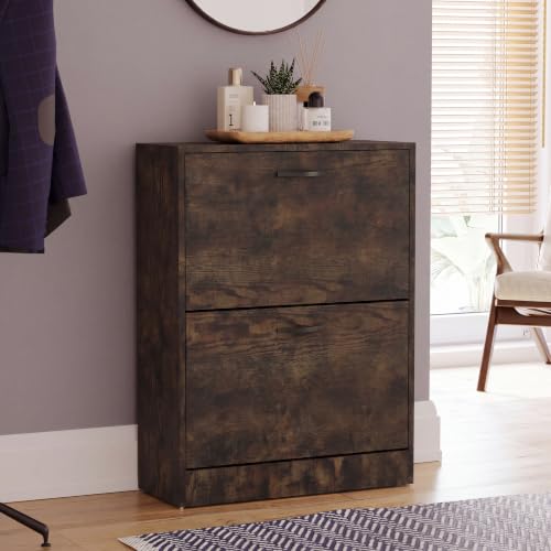 Vida Designs Shoe Cabinet, Wooden Shoe Storage Unit with 2 Pull-Down Drawers, Multifunctional Dust-Proof Space-Saving Slim Design Cupboard for Hallway or Entryway (Dark Wood)
