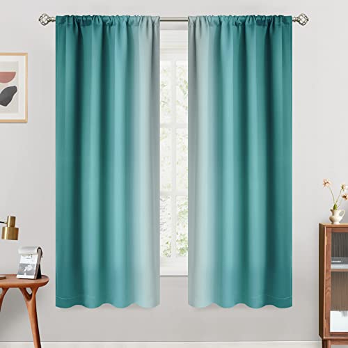SimpleHome Ombre Rod Pocket Teal Curtains for Bedroom, 42Wx63L - Room Darkening Curtains for Bedroom,Gradient Light Blocking Curtain,Thermal Insulated Window Drapes,2 Panels,63 Inch