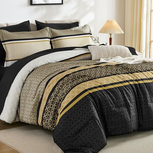 WONGS BEDDING Yellow Black Queen Comforter Set 7 Pieces, Boho Striped Bed in a Bag Queen Size Bedding Set, Soft Lightweight Micorfiber Comforter for All Seaon with Sheets, Pillowcases & Shams