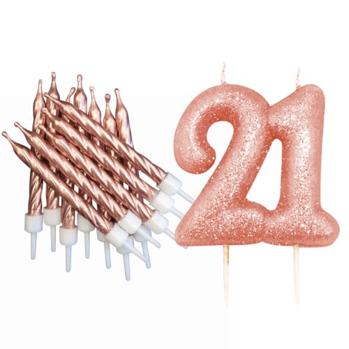 21st Birthday Rose Gold Candle Kit, Glitter Number 21 Cake Topper Candle and Rose Gold Candles, Birthday Cake Decoration for Women, 7.5cm + 7cm, Pack of 13