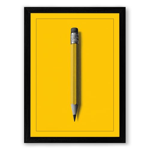 Pencil on Yellow Minimalist Framed Wall Art Print A2 (59.4×42cm) Black, Wall Decor for Living Room, Bedroom, Office & Home, Ready to Hang, Art Gift