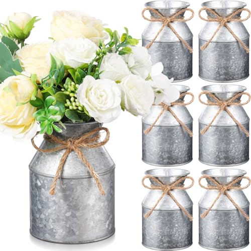 Domensi 6 Pcs 5.12 Inch Farmhouse Metal Flower Vase Decor Galvanized Milk Can Jug Vase with Twine Bow Rustic Flower Buckets for Flowers Floral Table Centerpiece Home Dinging Room Wedding DIY Decor
