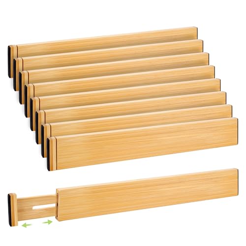 Fyvva Drawer Divider, Adjustable Bamboo Kitchen Drawer Organizer, Spring Loaded Drawer Organizer, Dresser Separators for Kitchen, Bathroom, Clothes, Office Desk Storage (Natural, 8 Pack Large)