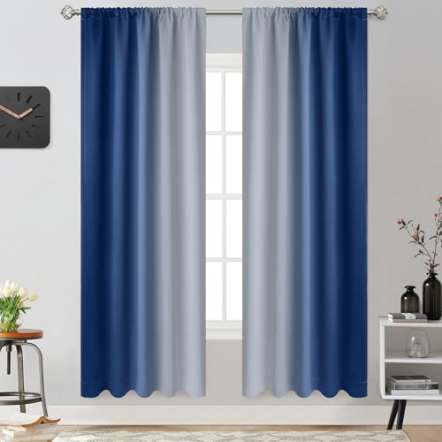 Yakamok Greyish White and Royal Blue Ombre Curtains, Light Blocking Gradient Color Curtains, Room Darkening Thermal Insulated Rod Pocket Window Drapes for Living Room/Bedroom, 52W x 72L Inch