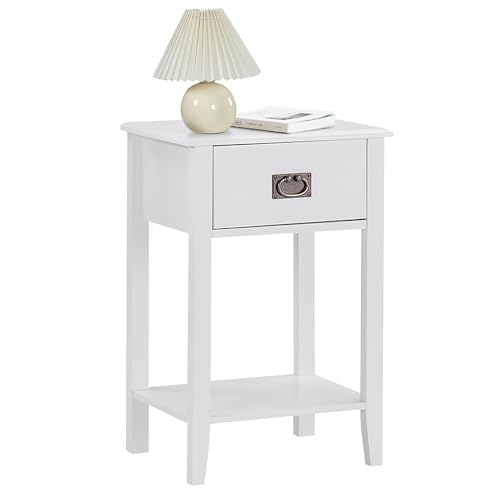 VECELO Bedside Table White with Shelf & Drawer Nightstand for Living Room Bedroom, Engineered Wood, 40x30x60 cm