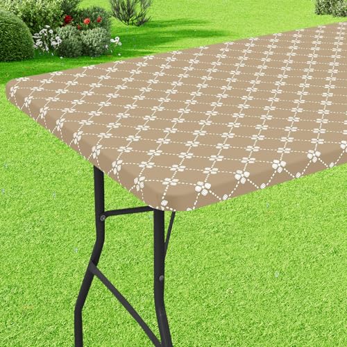 "misaya Rectangle Vinyl Table Cloth, Elastic Fitted Tablecloth with Flannel Backing, Waterproof Plastic Table Cover Fits 8 Foot Folding Tables for Camping, Indoor and Outdoor (Khaki, 30"" x 96"")"