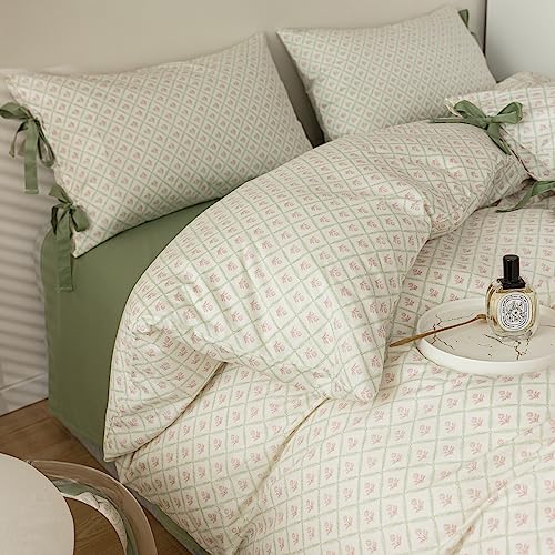 VM VOUGEMARKET Red Blooming Duvet Cover Set Twin,Green Plaid Grid Duvet Cover with 2 Bowknot Pillowcases 100% Cotton Chic Garden Style Bedding Set for Girls Women Without Comforter