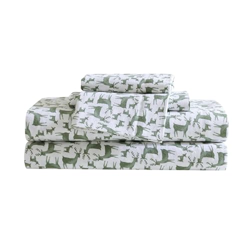 Eddie Bauer - Twin Sheets, Cotton Flannel Bedding Set, Brushed for Extra Softness, Cozy Home Decor, Oeko-Tex Certified (Deer Camp Green, Twin)