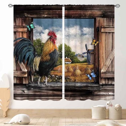 "TKUYO Chicken Curtains for Kitchen, Rustic Farm Animals Rooster Country Farmhouse Cottage Style Window Treatments Drapery for Cafe Bedroom Living Room 2 Panel Sets, 42""x45"" Inch"