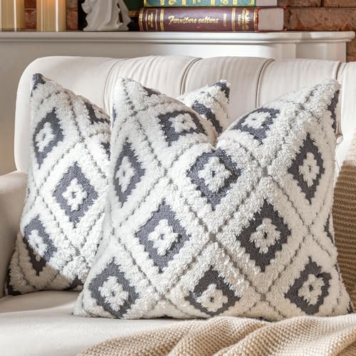 AmHoo Pack of 2 Decorative Throw Pillow Covers Rhomboid Luxury Super Soft Plush Set Case Cushion for Couch Sofa Bedroom 20 x 20-Inch Steel Grey