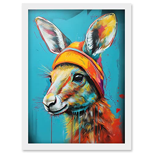 Artery8 Baby Kangaroo Joey Wearing Hat Teal and Orange Artwork Framed Wall Art Print A4