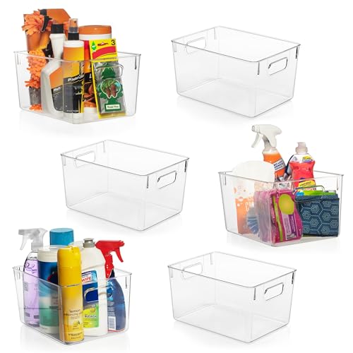 CLEARSPACE Clear Plastic Storage Bins, Pantry & Cabinet Organizer, 6 Pack - Clear plastic storage bins for pantry, cabinet, kitchen, laundry, office, closet, garage, and freezer organization