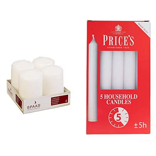 Spaas Unscented Pillar Candle 50/80 mm, 18 Hours, White & Price's - Household Candles - Pack of 5 - Unscented - 5 Hour Burn Time - Premium White Wax
