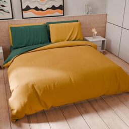 PETTI Artigiani Italiani - Double Duvet Cover Set 240 x 220 cm (2 Pillowcases 63 x 63 cm Included), Soft Microfibre Duvet Cover Set, Solid Colour, Emerald Green - Yellow Ochre
