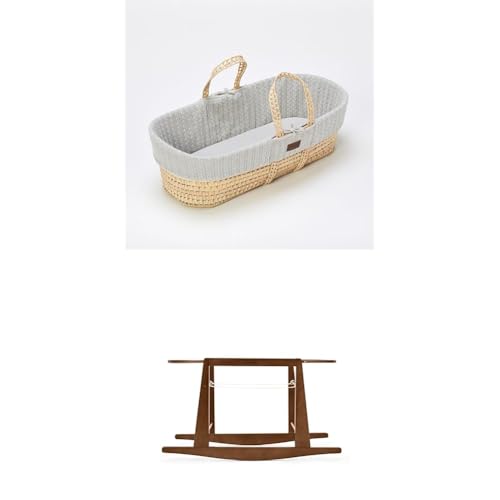 The Little Green Sheep Bundle - Knitted Moses Basket & Mattress, Dove Colour + Rocking Moses Basket Stand, Walnut Colour
