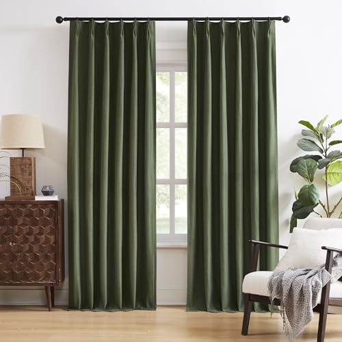Olive Dark Green Pinch Pleated Curtains 84 Inches Long Burg,Back Tab with Hooks, Cooling Heat Reflective Linen Drapes for Bedroom Track System(2 Panels W40 xL84)