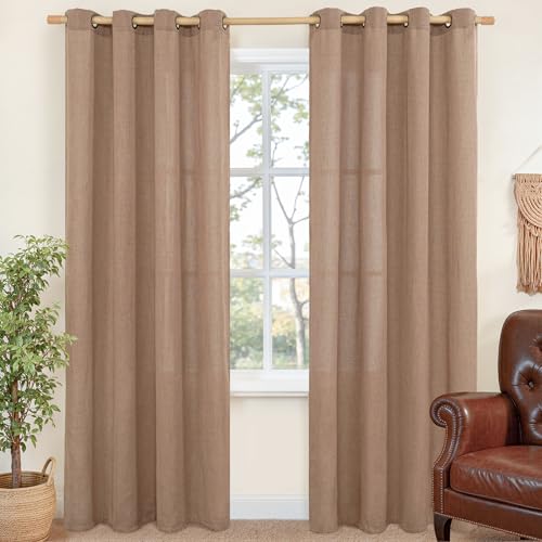 YoungsTex Mocha Brown Linen Curtains 84 Inch Length for Living Room Window, Light Filtering Drapes with Grommet Semi Sheer Rustic for Bedroom, 2 Panels, 52 X 84 Inch