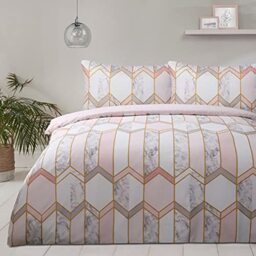 Sleepdown Geometric Metallic Marble Blush Pink Reversible Soft Cosy Easy Care Duvet Cover Quilt Bedding Set with Pillowcases - Super King (260cm x 220cm)