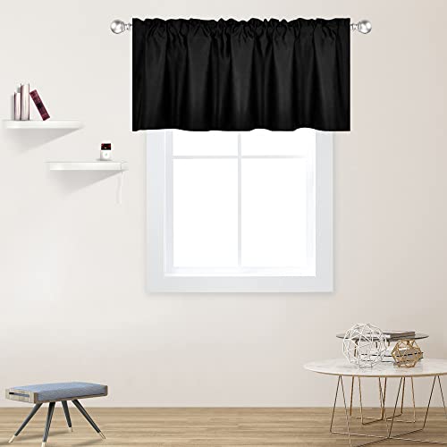 DECOVSUN Black Valance for Windows 52x18 Inch Solid Thermal Insulated Blackout Rod Pocket Kitchen Short Curtain Toppers Valance for Bathroom Living Room 1 Panel