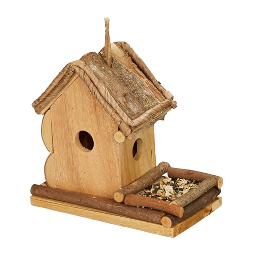 Relaxdays Decorative Birdhouse, Hanging Wooden Bird Feeder, HWD: 21 x 21 x 12.5 cm, Garden, Patio & Balcony, Natural