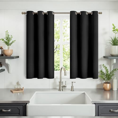 YoungsTex Black Curtains 40 Inch Length for Kitchen Cafe Window - Short Thermal Insulated Drapes Blackout with Grommet for Bedroom Bathroom, 2 Panels, 34 x 40 Inch