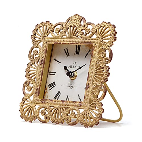NIKKY HOME Shabby Chic Metal Peacock Feather Square Table Clock for Home Decor 15.5 x 4.5 x 16.5 cm, Yellow