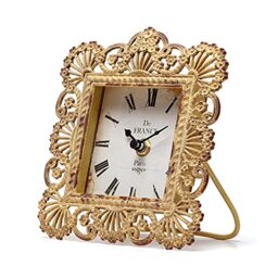 NIKKY HOME Shabby Chic Metal Peacock Feather Square Table Clock for Home Decor 15.5 x 4.5 x 16.5 cm, Yellow