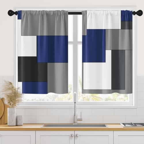 Tayney Dark Blue Kitchen Curtains 36 Inch Length Black Grey White Geometric Simple Style Window Short Tier Curtains Over Sink Set of 2, Modern Abstract Art Small Kitchen Decor 34x36 Inch