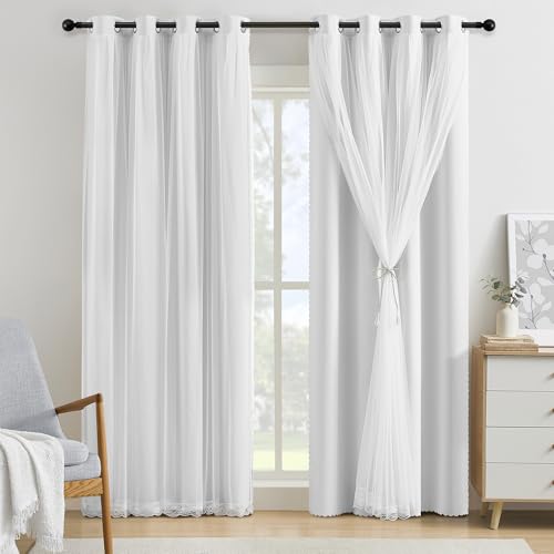 XiDi White Full Blackout Curtains 96 Inches Long Mix and Match Double Layer Curtains with Sheer Overlay Thermal Insulated Window Treatment for Living Room White Drapes with Tiebacks Grommet 34W x 96L