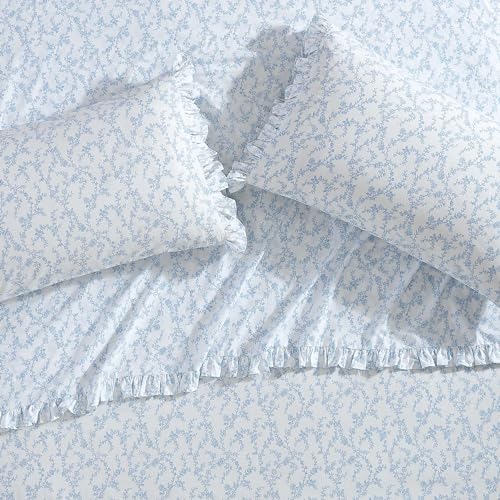Laura Ashley - Standard Pillowcase Set, Breathable Percale Cotton Bedding, Floral Home Decor (Victoria Blue, 2 Piece)