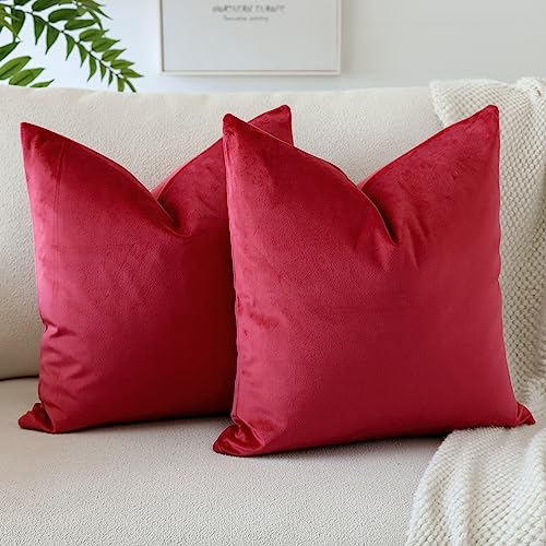 OTOSTAR Pack of 2 Velvet Soft Decorative Throw Pillow Covers Solid Square Cushion Case Home Decor Pillow Covers for Couch Sofa Bedroom Living Room Decorative Pillowcases 20 x 20 Inch (Red)