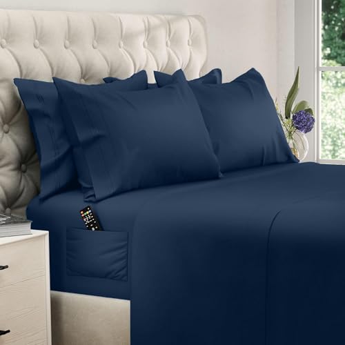 DREAMCARE King Size Sheets Set ??? 6 pcs Cooling Bed Sheets ??? up to 15??? Deep Pocket King Sheet Set ??? 2500 Supreme Collection ??? Oeko Tex Certified Sheets ??? Hotel Luxury with Side Pocket ??? N Blue