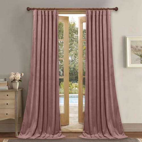 StangH, Dusky Pink Velvet Curtains 90 Inch Long Living Room with Back Loops Opaque Sliding Door Bedroom Nursery or Girls Room Decor 52 x 90 Inch 2 Panels