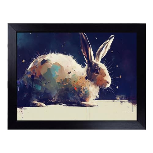 Lap Tray with Bean Bag Cushion, Hare Art Painting Abstract - Handmade in the UK, Raised Wooden Edge, Padded Cushion, Heat-Resistant Wipe-Clean Surface, for Meals, Laptops and Crafts