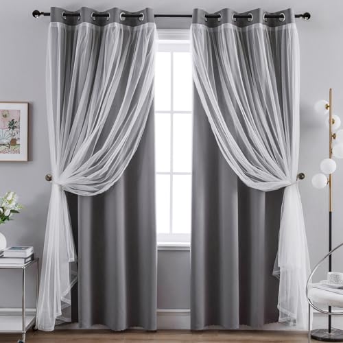 Anytime Home Curtains Blackout and Sheer Layered Solid Window Curtain Panel Pair with Grommet Top, 52Wx120L,Grey