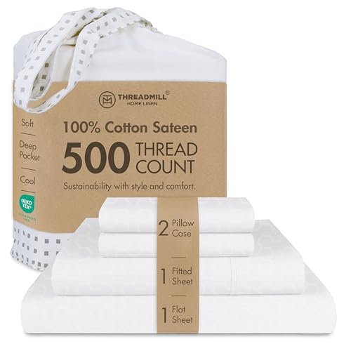 Threadmill 500 Thread Count Cotton Full Sheet Set, Jacquard, White, 4-Piece - 100% Cotton, Jacquard Pattern, 4-Piece Set, All-Around Elastic, OEKO-TEX Certified, Machine Washable