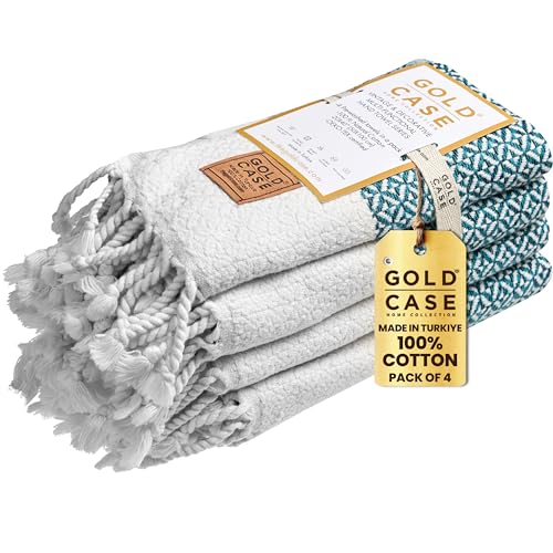 Gold CASE Turkish Hand Towels for Bathroom Set of 4-20 x 40-100% Cotton Bathroom Hand Towels - Aphrodite Kitchen Hand Towel for Spa, Face, Tea & Dishcloth - Decorative Hand Towels - Teal