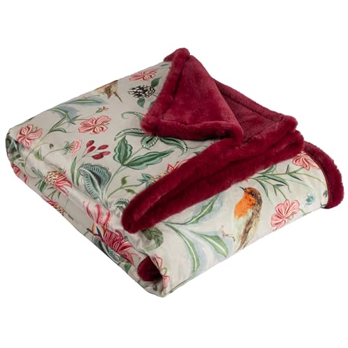 furn. Wylder Beatrice Throw – Faux Fur Floral Print Velvet Blanket with Robin Motif (Multicolour - 130x180cm)