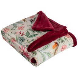 furn. Wylder Beatrice Throw – Faux Fur Floral Print Velvet Blanket with Robin Motif (Multicolour - 130x180cm)