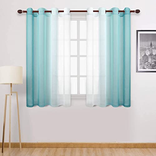 DWCN Sheer Canvas Curtains, Ombre Effect, Semi-Sheer, Gradient, for Bedroom and Living Room, 2-Pack, Length 132 x 160 cm, Teal Blue