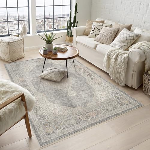 Rugs by Desire Maia Washable Living Room Area Rug – Soft Polypropylene Weaving, Low Pile, Non Slip Cotton Backing for Elegant Indoor Spaces, Grey, 160 x 240 cm (Rectangular)