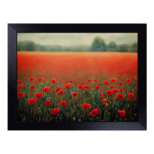 Lap Tray with Bean Bag Cushion, Splendid Poppies Flowers - Handmade in the UK, Raised Wooden Edge, Padded Cushion, Heat-Resistant Wipe-Clean Surface, for Meals, Laptops and Crafts