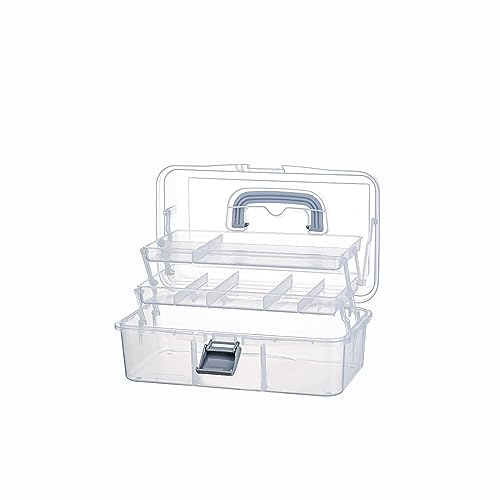 BangQiao 2-Tier Trays Clear Gray Plastic Storage Container Organizer Box, Multipurpose Portable Carrying Case with Latch Lock and Handle for Art, Craft, Sewing Supplies, First Aid, Makeup