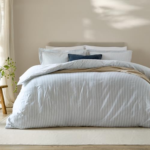 furn. Yard Hebden 100% Cotton Stripe Duvet Cover Set – Reversible Striped Bedding (Mineral Blue, Double)