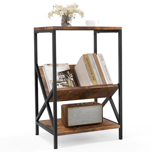 CASART Industrial Side Table, 3-Tier Nightstand End Table with Storage Shelf, Metal Frame Bedside Table for Bedroom Living Room (‎Rustic Brown)