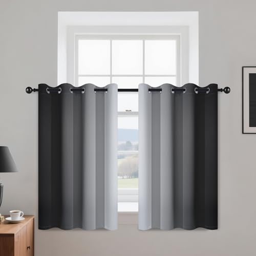 Yakamok Ombre Curtains Black and Greyish White for Living Room,52Wx36L - Room Darkening Curtains 36,Thermal Insulated Gradient Color Drape,Light Blocking Grommet Window Curtains for Bedroom,2 Panels