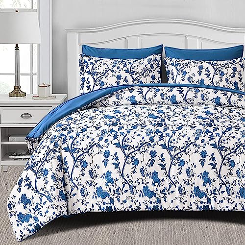LLDSYW King Size Comforter Set - 7 Pieces Bed in a Bag Soft Microfiber Bedding Comforter Set Leaves Floral Pattern on White Comforter Sets with Sheets for All Seasons (King, Blue)
