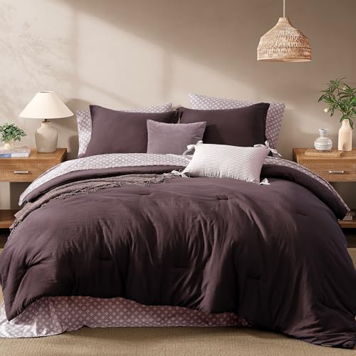 Monbix Full Size Comforter Sets-7 Pieces Soft Bed in a Bag Full Bedding Set - Plum Prewashed Lightweight All Season Comforter Bed Set with Printed Sheets, Pillowcases & Shams